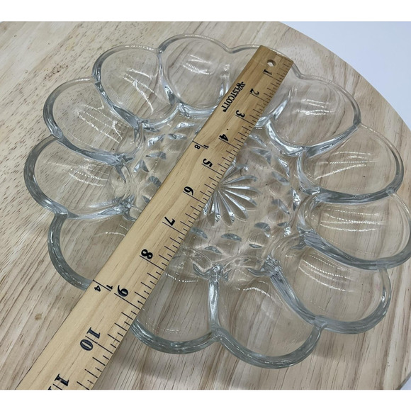 Vintage Glass Deviled Egg Tray 12 Egg Holder Clear Pressed Glass Platter 12 Inch - Picture 4 of 5
